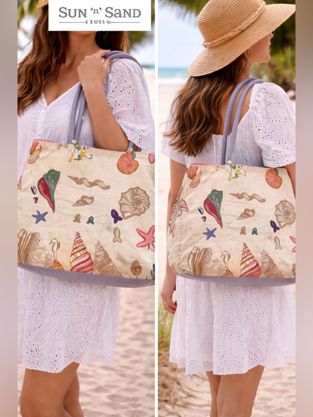 Sun 'n' Sand Seashell Canvas Tote Bag in Beige with Lavender Handles